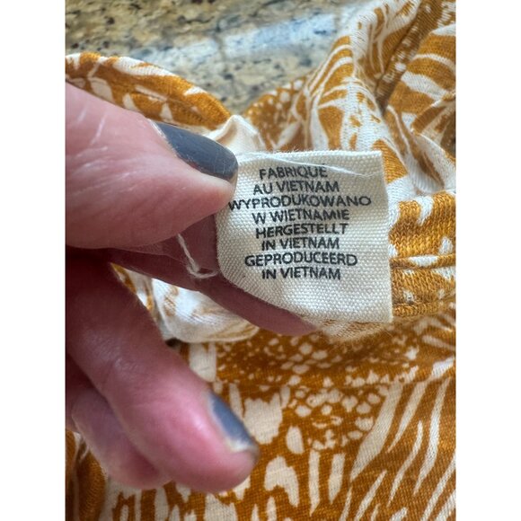 Christian Siriano 100% Linen Mustard Yellow Tropical Floral Back Button Top M - Picture 5 of 9